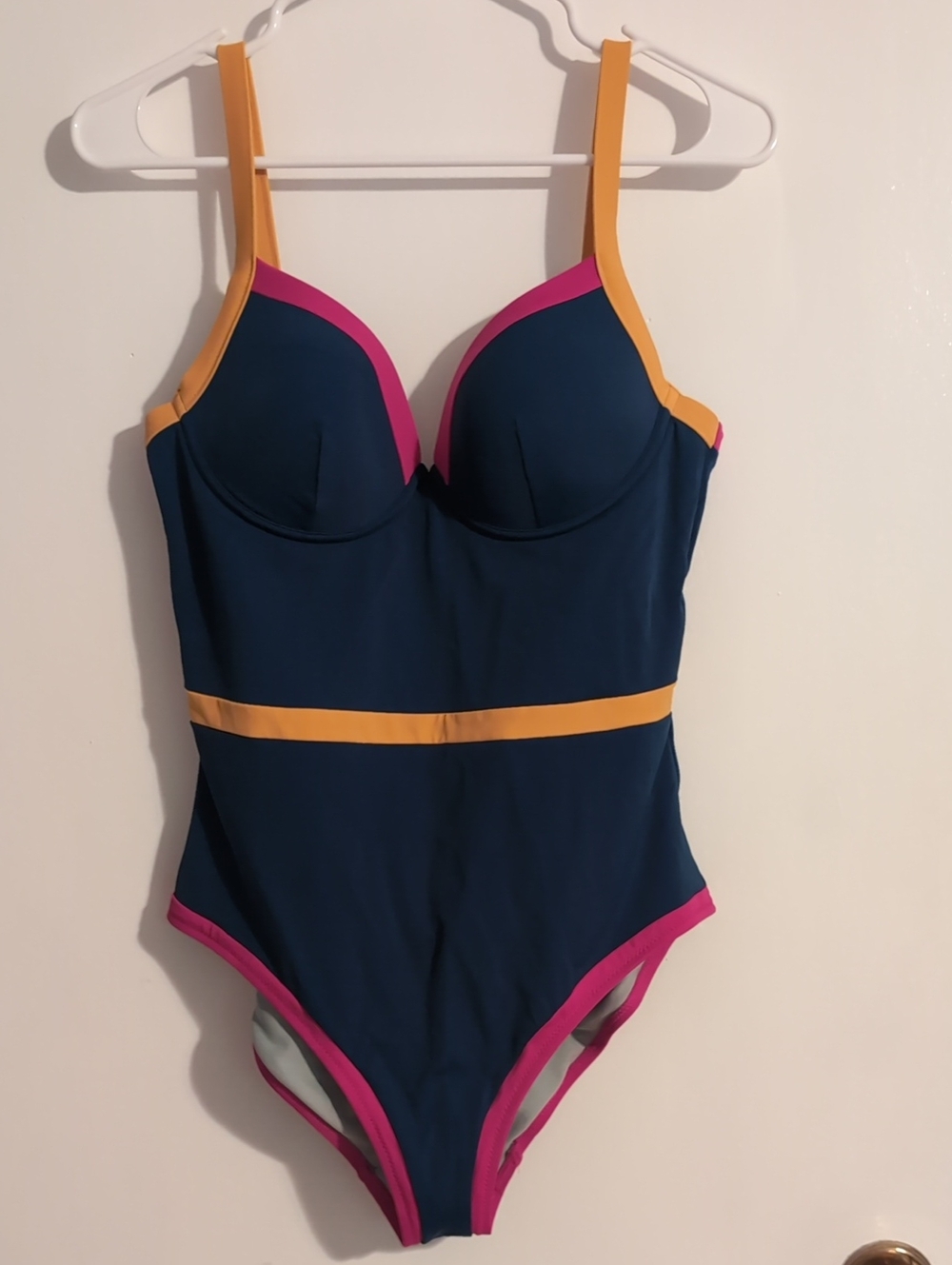 Boden Colorblock Navy One-Piece Swimsuit with Pink & Mustard Trim